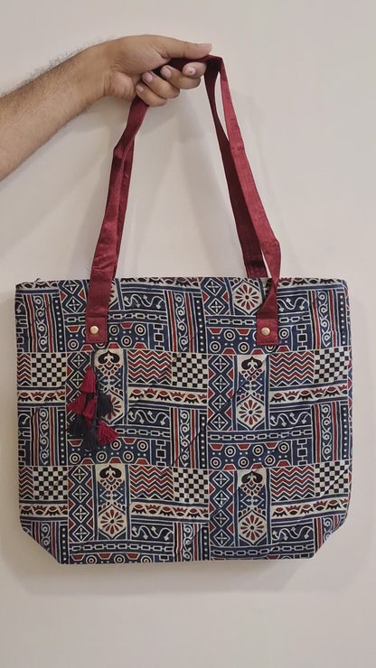 Nature Block Motif Blue Tote Bag - Block Printed Ajrakh Print on Mashru Silk Fabric