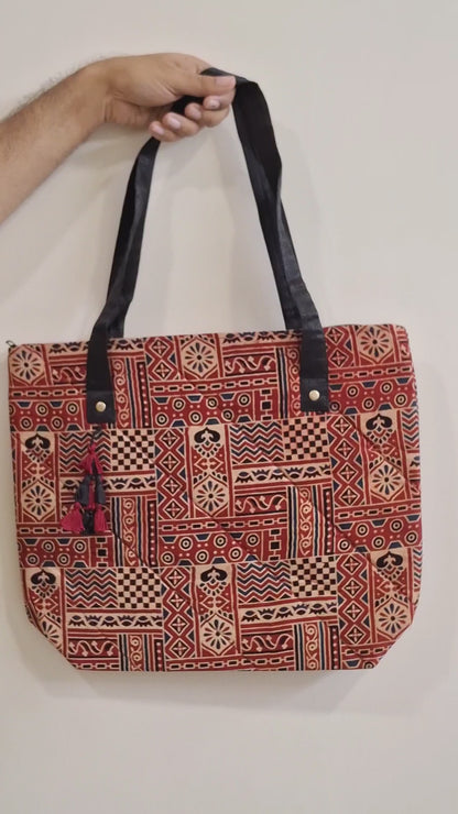 Nature Block Motif Red Tote Bag - Block Printed Ajrakh Print on Mashru Silk Fabric