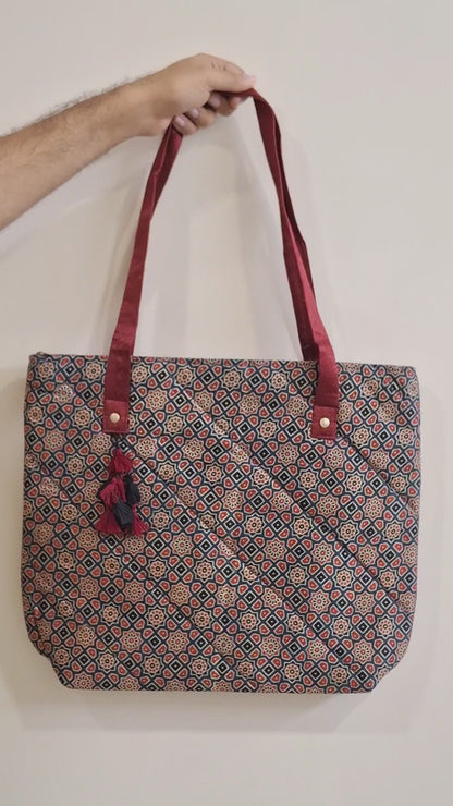 Stars Motifs Blue Tote Bag - Block Printed Ajrakh Print on Mashru Silk Fabric