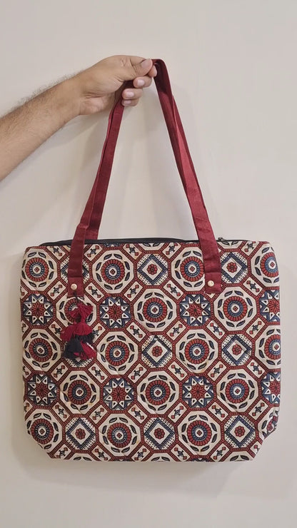 Nature Hexagon Motif Beige Tote Bag - Block Printed Ajrakh Print on Mashru Silk Fabric