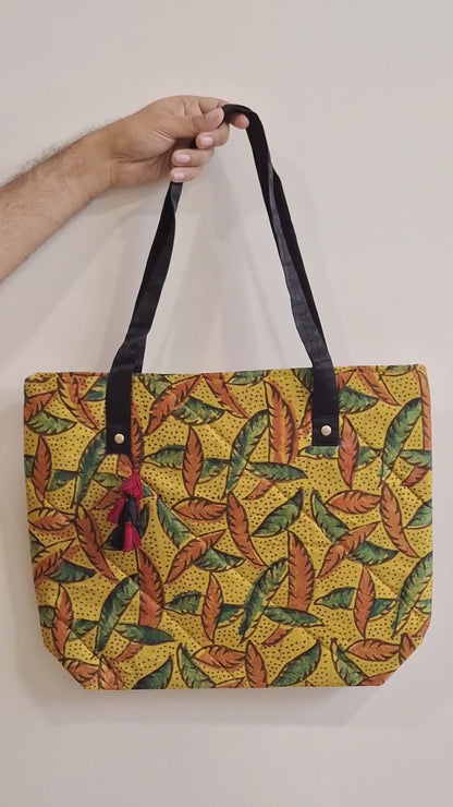 Leaf Motif Mustard Yellow Tote Bag - Block Printed Ajrakh Print on Mashru Silk Fabric