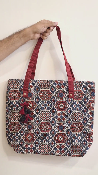 Hexagon Jaal Motif Multicoloured Tote Bag - Block Printed Ajrakh Print on Mashru Silk Fabric