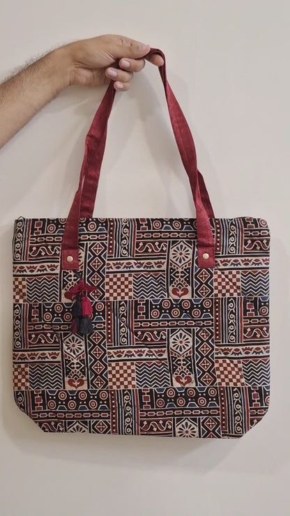 Nature Block Motif Black Tote Bag - Block Printed Ajrakh Print on Mashru Silk Fabric