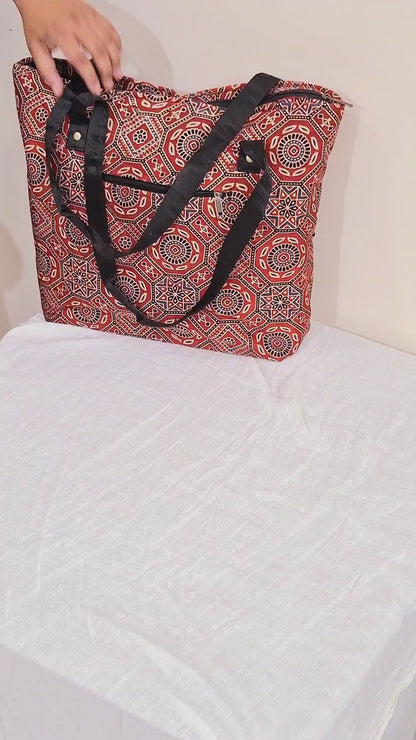 Diamond Motif Mustard Yellow Tote Bag - Block Printed Ajrakh Print on Mashru Silk Fabric