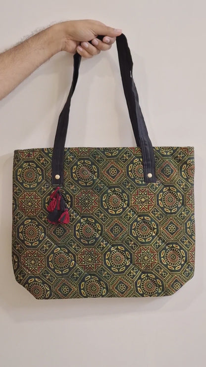 Nature Hexagon Motif Green Tote Bag - Block Printed Ajrakh Print on Mashru Silk Fabric