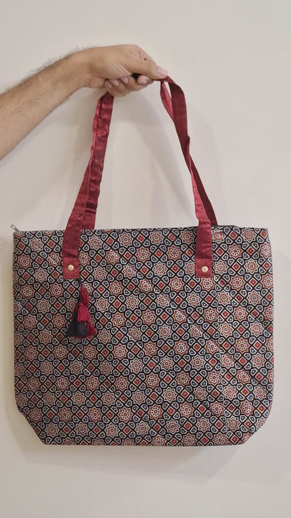 Stars Motifs Black Tote Bag - Block Printed Ajrakh Pattern on Mashru Silk Fabric