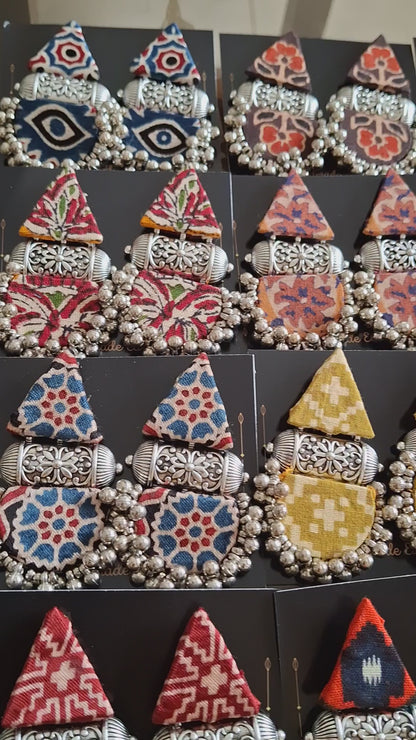 Devi Double Layered Fabric Earrings - Ajrakh Print Festive Danglers
