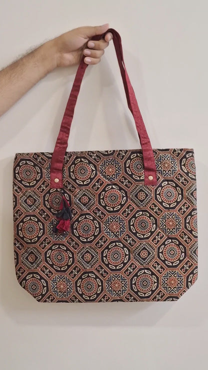 Nature Hexagon Motif Black Tote Bag - Block Printed Ajrakh Print on Mashru Silk Fabric