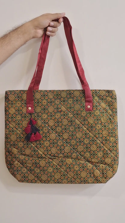 Stars Motifs Emerald Green Tote Bag - Block Printed Ajrakh Print on Mashru Silk Fabric