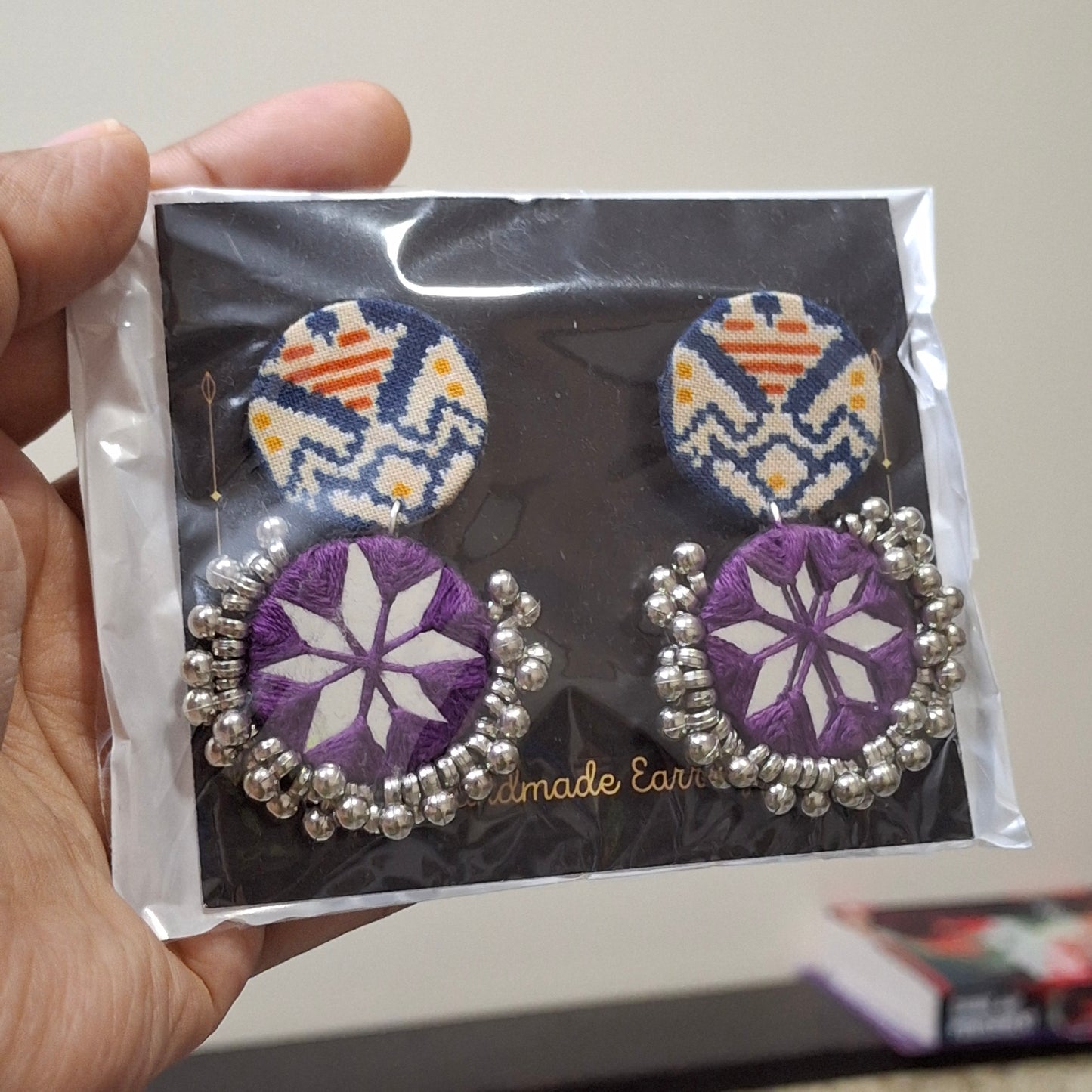 Reva Mirror Double Layered Earrings - Ajrakh Print Dangle Drop Earrings