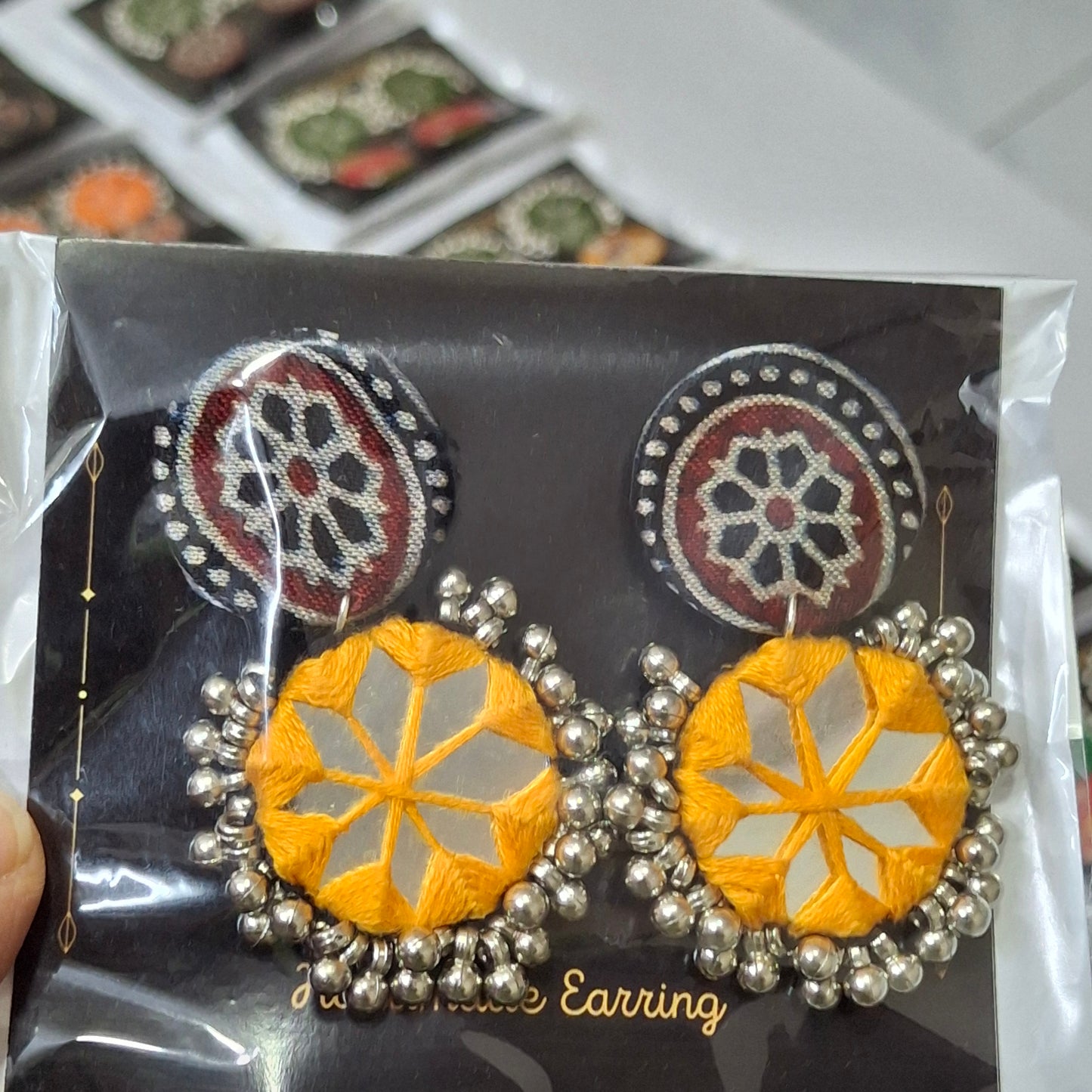 Reva Mirror Double Layered Earrings - Ajrakh Print Dangle Drop Earrings