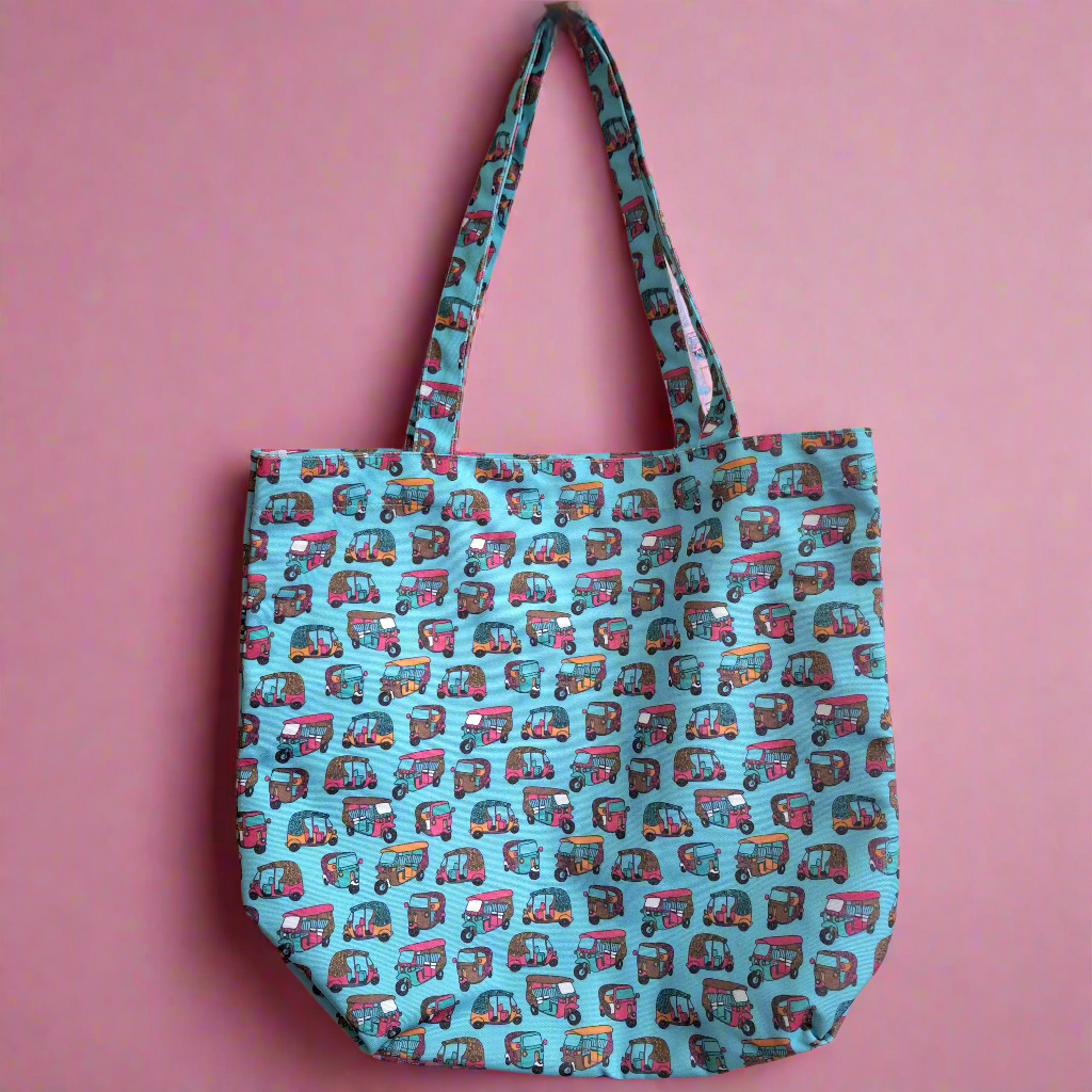 Quirky Rickshaws Electric Blue Tote - Printed Everyday Large Canvas Shopping Tote Bag