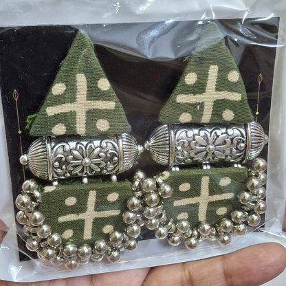 Devi Double Layered Fabric Earrings - Ajrakh Print Festive Danglers
