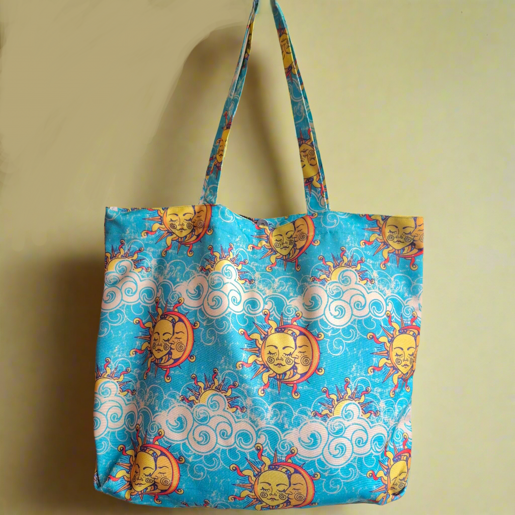 Sun, Moon & Clouds Celestial Pattern Sky Blue Tote - Printed Everyday Large Canvas Shopping Tote