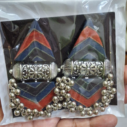 Devi Double Layered Fabric Earrings - Ajrakh Print Festive Danglers