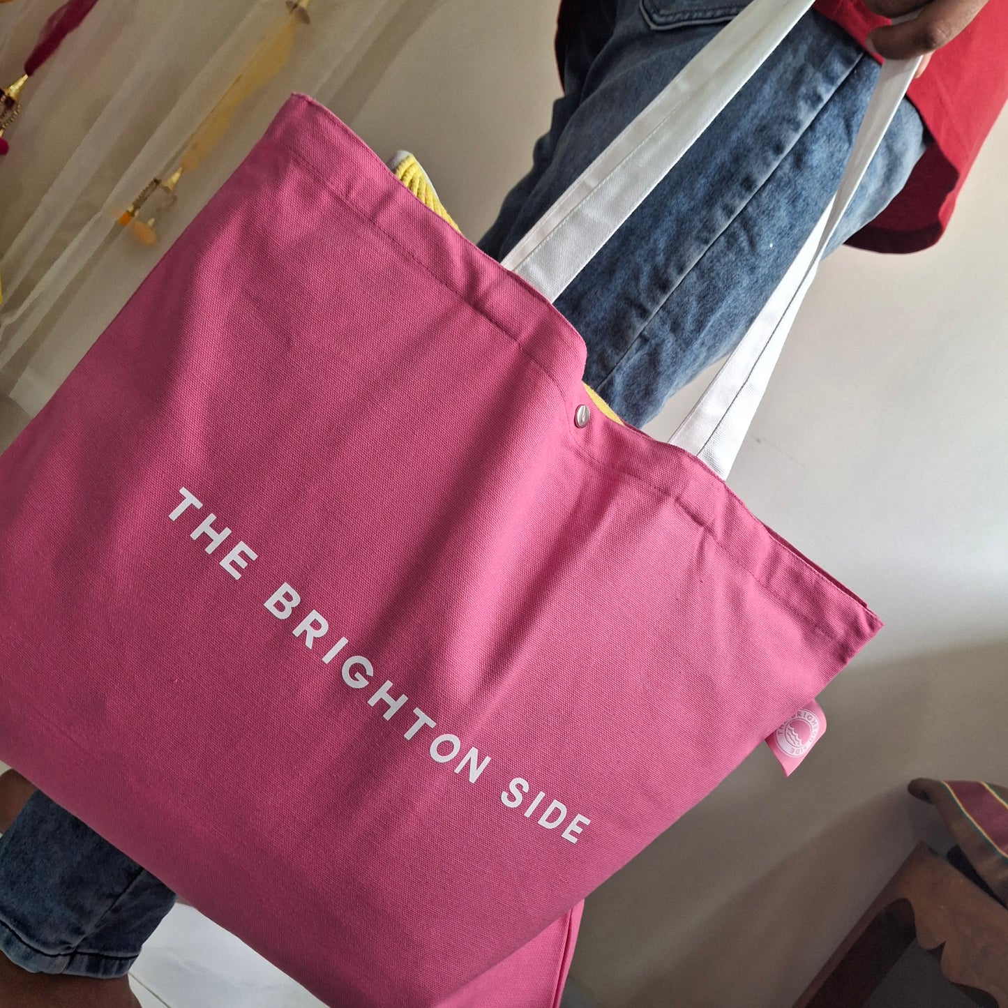 The Brighton Side Text Hot Pink Tote - Printed Everyday Large Canvas Cotton Tote Bag